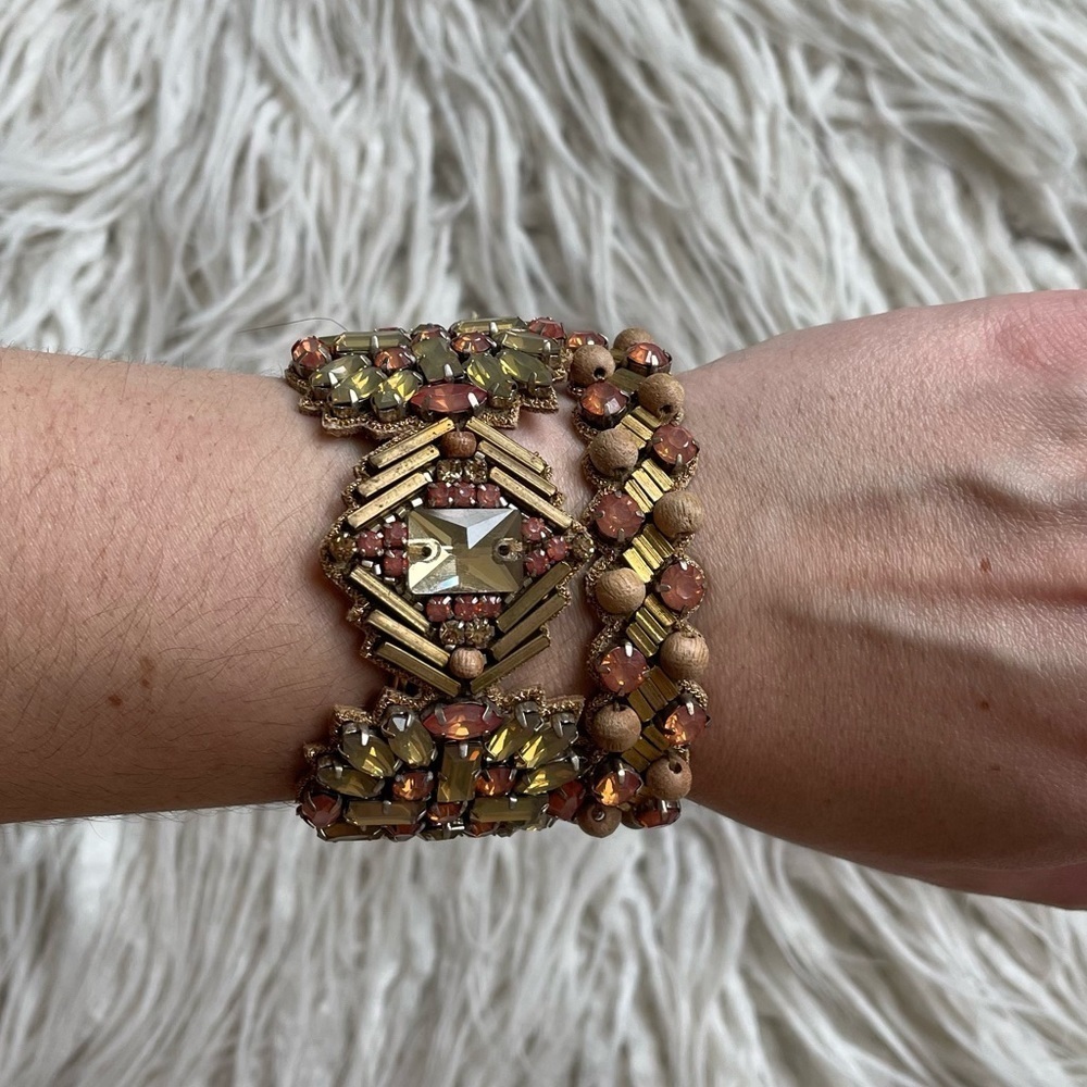 Deepa Gurnani Brown Leather Backed Beaded Crystal Two Tier Cuff Bracelet EUC OS